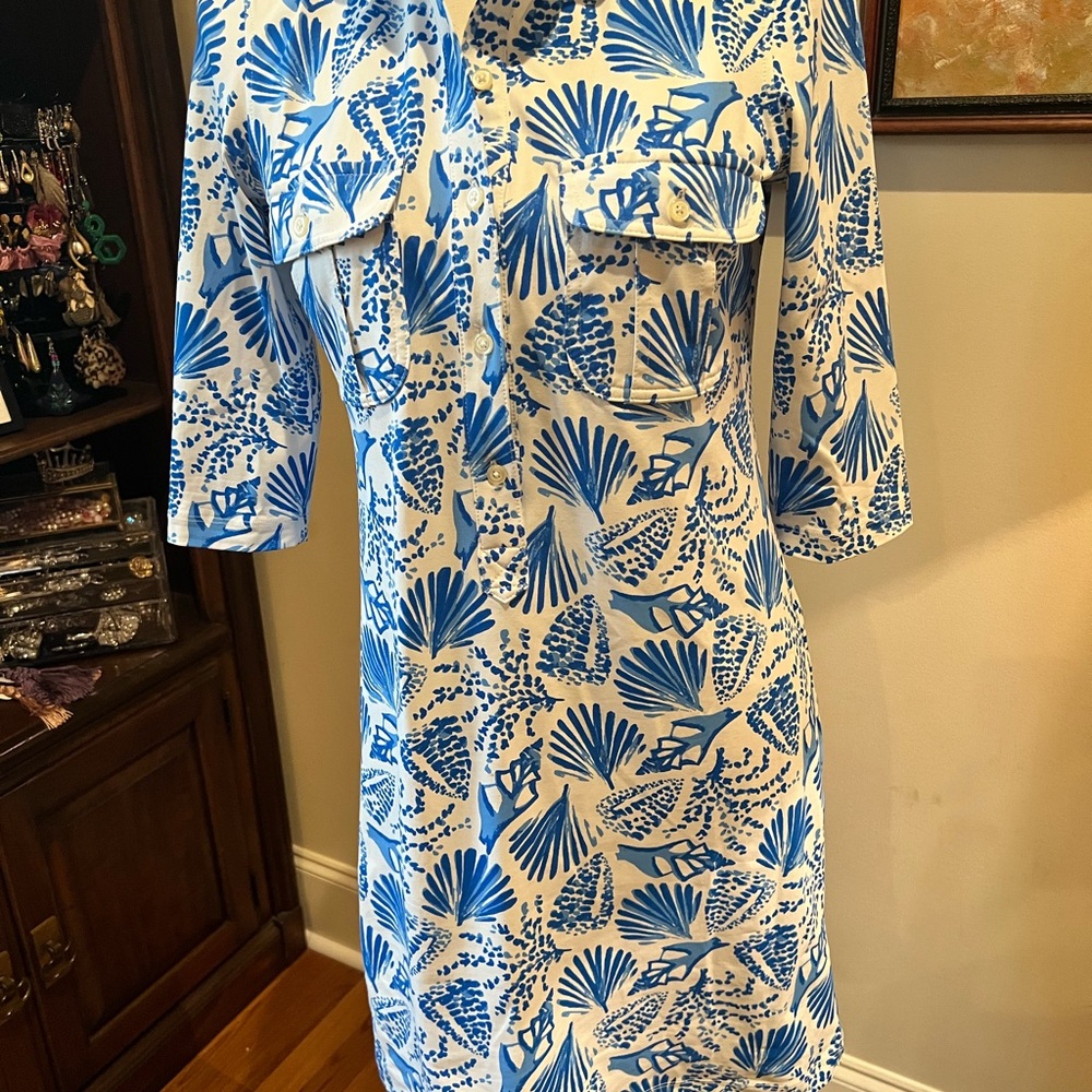 Elegant Blue and White Patterned Long Sleeve Dress